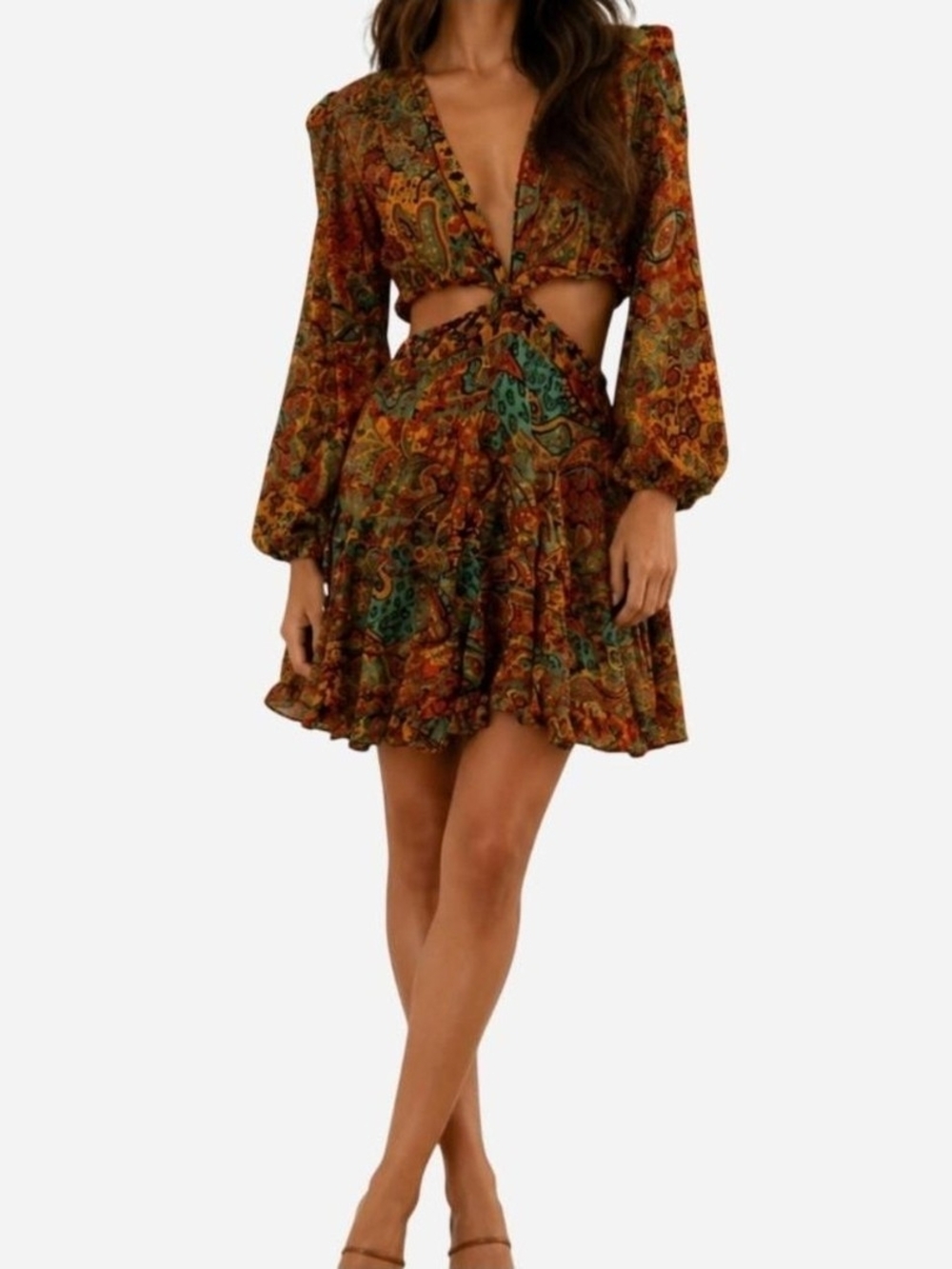 Soft Silk Boho Tie-Front Cutout Mini Dress in Autumn Paisley